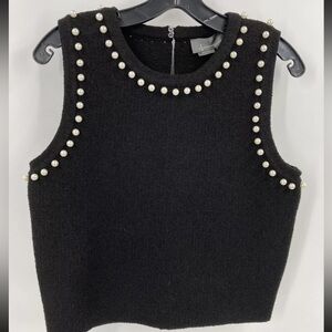 NWT Anthropologie Womens Black Pearl Trim Sleeveless Knit Cropped Tank Top Small